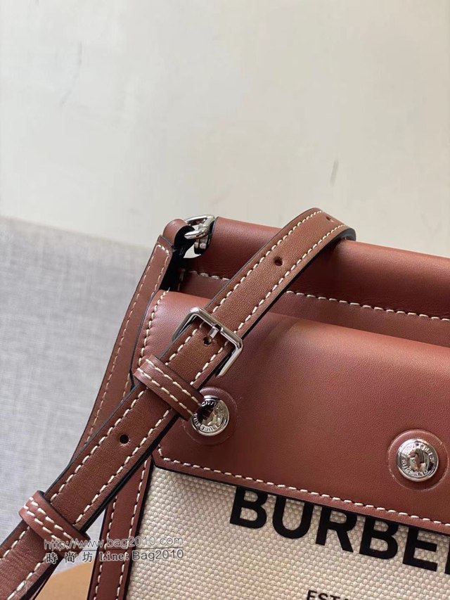 Burberry專櫃新款女包 白色帆布拼接小牛皮巴寶莉單肩斜挎包  db1026